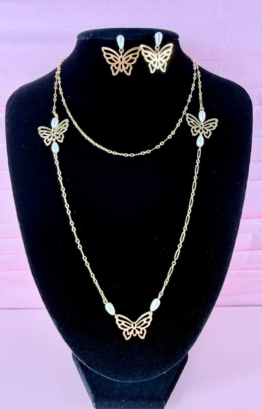Vintage Avon Gold Tone Butterfly Faux Pearl Layering 32" Necklace Earring Set